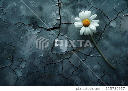 A daisy flower blooming on cracked concrete, symbolizing hope and resilience in the face of challenges. Top view. 115730657