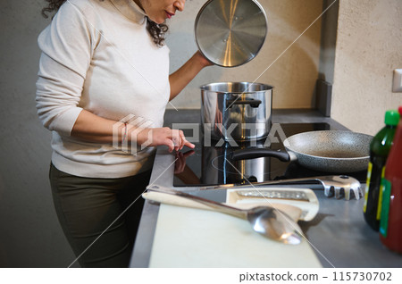 Woman cooking meal in modern kitchen using induction stove 115730702