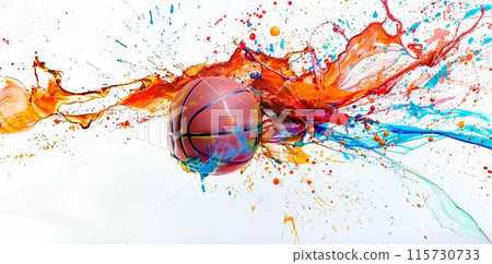 Water splashes with colorful paint and a basketball on a white background. Design in the style of sport, advertising banner or greeting card. 115730733