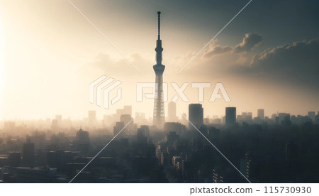 The silhouette of the Skytree floating in the morning mist 115730930