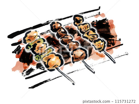 手繪日式畫筆插圖，三隻烤雞肉串在木炭上烤 115731272
