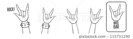 Female Hand in Rock Gesture set vector illustration. Heavy Metal and rock n roll Sign. Beauty studio and Nail bar Salon concept logo design template. Woman hands collection line art style 115731290