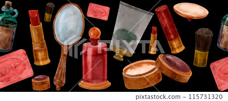 Vintage border pattern with red lipstick, gold mirror, powder, puff, cream, brush, beauty drawn in watercolor in retro style. Vintage cosmetics 115731320