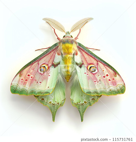A beautiful and magical color moth with spots on its wings. The moth is sitting on a white background.  115731761