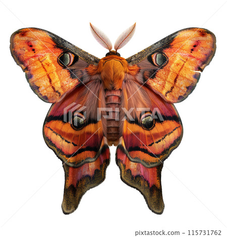 A beautiful and magical color moth with spots on its wings. The moth is sitting on a white background.  115731762