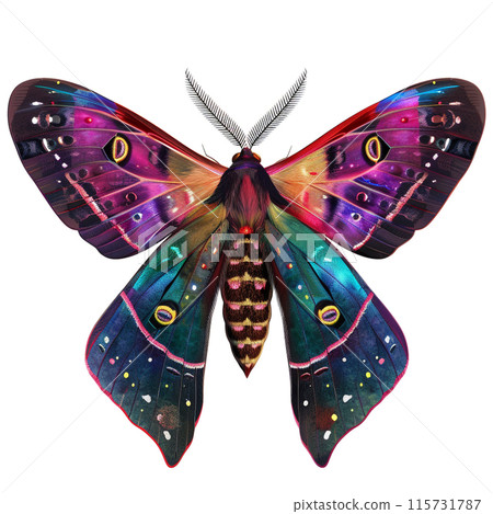 A beautiful and magical color moth with spots on its wings. The moth is sitting on a white background.  115731787