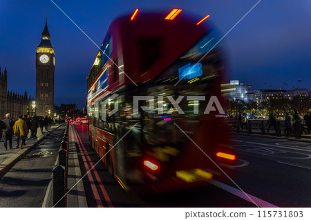Motion Blurred Red Bus and Big Ben on Westminster Bridge at Night, London, England 115731803
