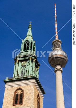 Berlin Television Tower, Berliner Fernsehturm, St. Marienkirche Church, Berlin, Germany Berlin Television Tower, Berliner Fernsehturm, St. Marienkirche Church, Berlin, Germany 115731805