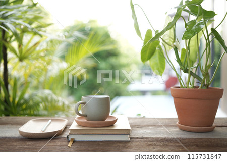 tea cup and plant pot at balcony outdoor tea cup and plant pot at balcony outdoor 115731847