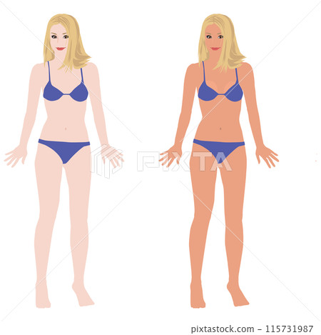 Illustration set of a young female mannequin posing in a swimsuit before and after tanning - Bikini 02 Illustration set of a young female mannequin posing in a swimsuit before and after tanning - Bikini 02 115731987