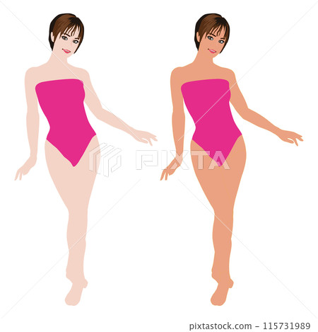 Illustration set of a young female mannequin posing in a swimsuit before and after tanning - One Piece 02 Illustration set of a young female mannequin posing in a swimsuit before and after tanning - One Piece 02 115731989