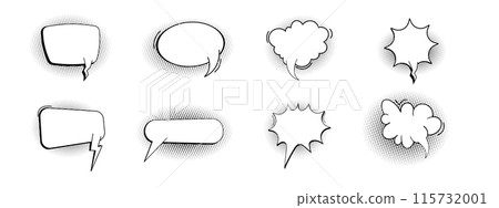Comic speech bubble cloud with halftone, empty frame for text, boom or pow sound effects in pop art style. Set dialog balloons. 115732001