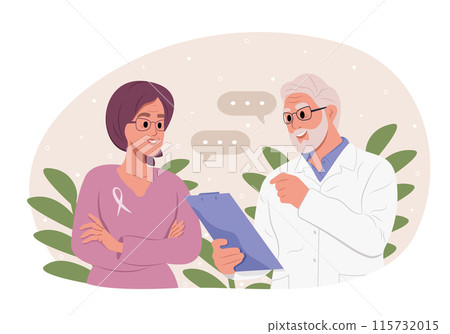 Doctor talking to cancer patient woman in headscarf. Vector template for banner, greeting card, poster. Doctor talking to cancer patient woman in headscarf. Vector template for banner, greeting card, poster. 115732015