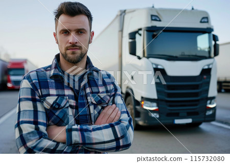 Grinning Male Driver and Delivery Truck 115732080