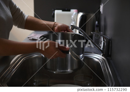 Person filling pot with water at kitchen sink Person filling pot with water at kitchen sink 115732290
