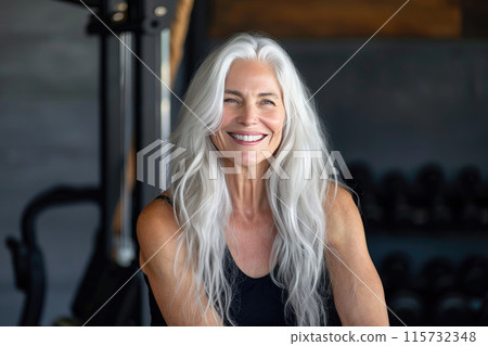 Radiant 55-Year-Old Woman: Long White Hair, Beaming Smile Radiant 55-Year-Old Woman: Long White Hair, Beaming Smile 115732348