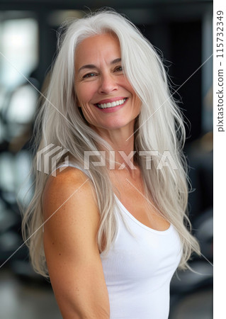 Mature Beauty: Smiling Woman with Long White Hair at the Gym 115732349