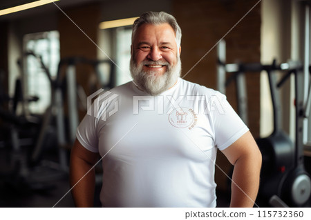 Cheerful Overweight Man Embracing Exercise Cheerful Overweight Man Embracing Exercise 115732360