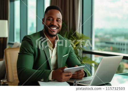 Suited Insurance Expert Smiles Amidst Office Panorama 115732503