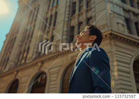 Entrepreneurial Triumph: Blue Suit Man Grins Beside New Building Entrepreneurial Triumph: Blue Suit Man Grins Beside New Building 115732587