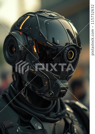 Close-Up Shot of Modern Combat Robot Helmet Close-Up Shot of Modern Combat Robot Helmet 115732632