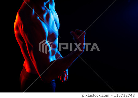 Fitness, man and back of body builder in closeup with strong muscle from training and workout. 115732748