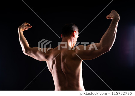 Fitness, man and back of body builder in closeup with strong muscle from training and workout. 115732750