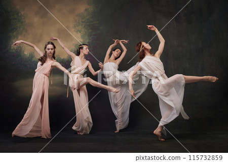 Charming, artistic ballerinas dancing against vintage studio background. Their synchronized movements and harmonious poses evoke sense of timeless beauty 115732859