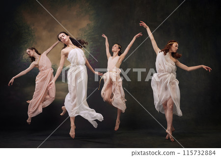 Beautiful girls, ballerinas leaping gracefully in motion, as mythological muses against vintage studio background. 115732884