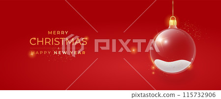Christmas background. Xmas ornaments. Christmas tree decorations transparent ball hanging on golden ribbon, gold glitter confetti. Vector 115732906