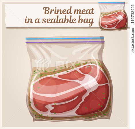 Brined meat in a sealable bag for barbecue icon. Cartoon vector illustration Brined meat in a sealable bag for barbecue icon. Cartoon vector illustration 115732993