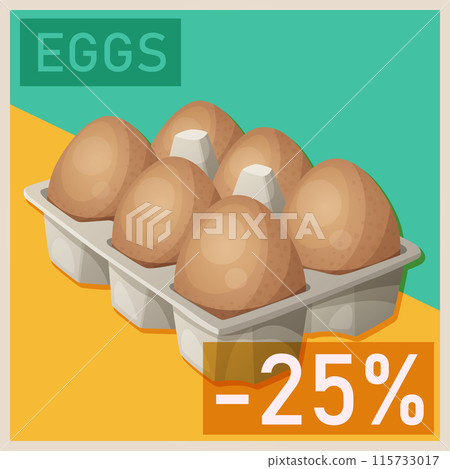 Eggs in carton illustration. Cartoon vector design graphic for supermarket promo 115733017