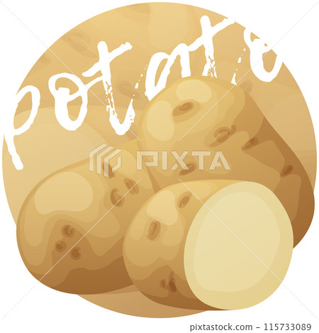Whole and half potato vegetable. Cartoon icon on beige gradient Whole and half potato vegetable. Cartoon icon on beige gradient 115733089