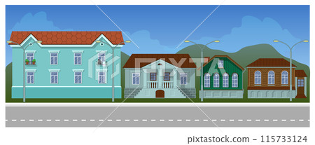 Street with colorful cottage houses. Flat vector illustration 115733124