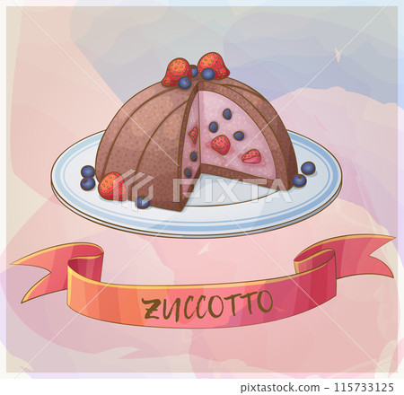 Zucotto dessert with berries icon. Cartoon vector illustration of frozen cake with strawberries and blueberries. Pastel series of berry desserts Zucotto dessert with berries icon. Cartoon vector illustration of frozen cake with strawberries and blueberries. Pastel series of berry desserts 115733125
