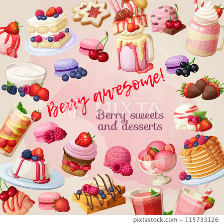 Colorful cartoon berry dessert background. Sweets vector set 115733126