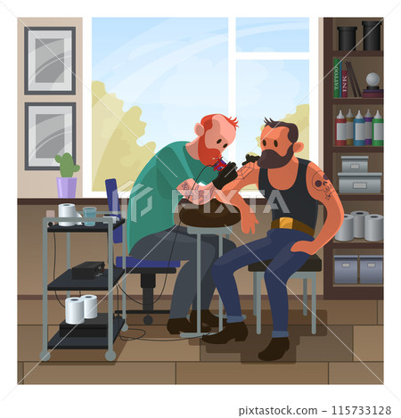 Tattoo salon with two men vector illustration. Tattoo salon with two men vector illustration. 115733128