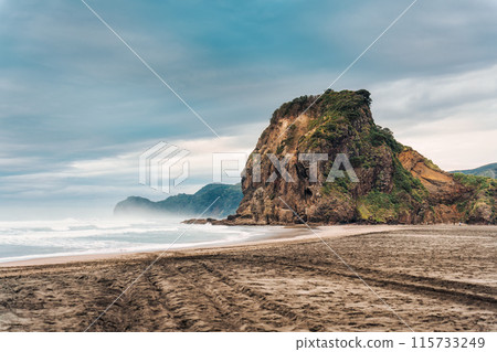 Lion Rock mountain on Piha Beach with breaking wave on gloomy day at West of Auckland Lion Rock mountain on Piha Beach with breaking wave on gloomy day at West of Auckland 115733249