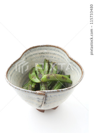 Baked snap peas with flour in Japanese tableware, diagonal view Baked snap peas with flour in Japanese tableware, diagonal view 115733480