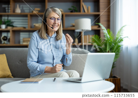 Happy senior woman having a video call at home, smiling and communicating through her laptop. Comfortable and modern home setting. 115733655