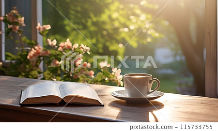 Enjoying a quiet morning with coffee and a good book 115733755