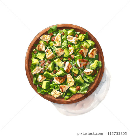 Watercolor illustration of Cobb salad in a wooden bowl on white background 115733805
