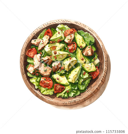 Watercolor illustration of Cobb salad in a wooden bowl on white background 115733806