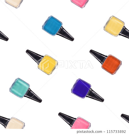 Nail polish Bottles arranged in a row diagonally. Bright colors. Streamline glass with black cap. Seamless pattern of manicure accessory. Nail care. Watercolor illustration for beauty salon design 115733892
