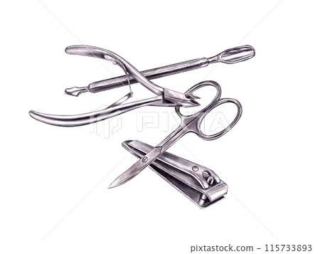 Manicure accessory group. Metal scissors, nail clipper, pusher and nipper. Isometric view. Steel glossy tools steel for nail treatment. Watercolor illustration. For beauty salon design. 115733893