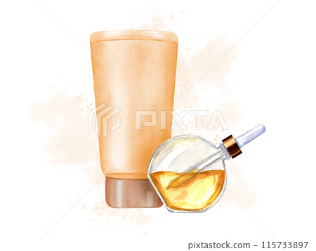 Glass Vial with cosmetic oil and Plastic glossy tube for cream. Yellow transparent liquid in bottle with pipette. Cosmetic care, treatment. Watercolor illustration for label, package, design 115733897