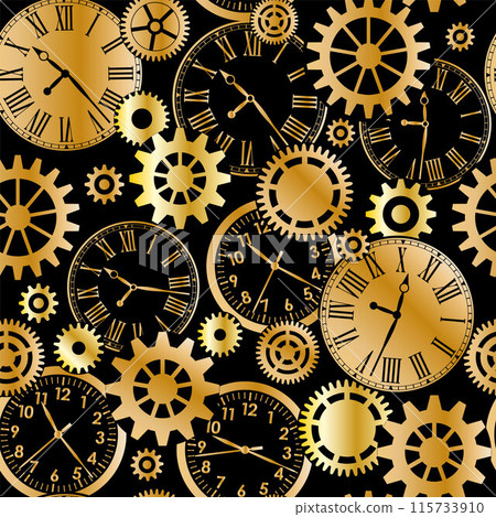 Gold metalic mechanical gears and clocks seamless pattern on black background 115733910