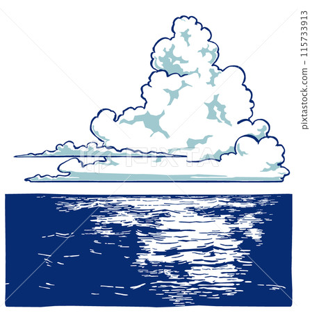 A cluster of cumulonimbus clouds floating on the ocean, brush-drawn and painted in two colors A cluster of cumulonimbus clouds floating on the ocean, brush-drawn and painted in two colors 115733913