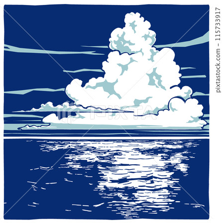 A cluster of cumulonimbus clouds rising in the deep blue summer sky over the ocean - brush drawing, two-tone painting A cluster of cumulonimbus clouds rising in the deep blue summer sky over the ocean - brush drawing, two-tone painting 115733917