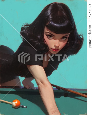 woman enthusiastically playing billiards 115734093